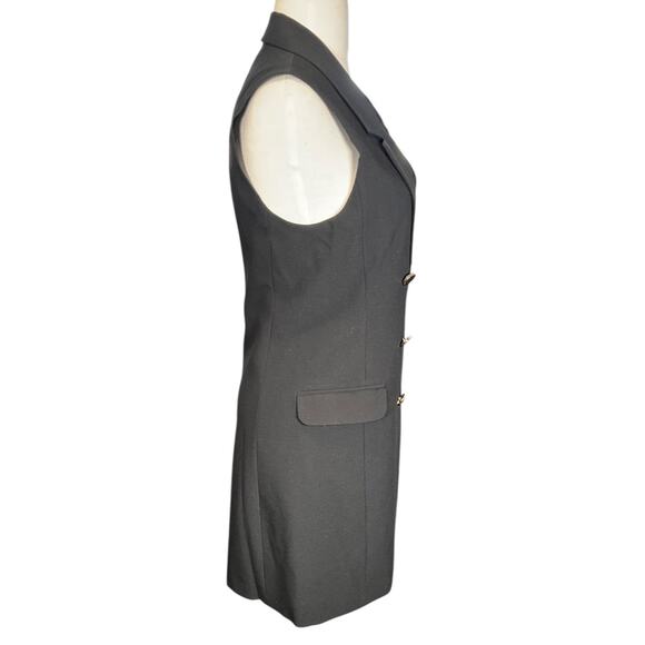 Topshop SZ 4 Black Sleeveless Blazer Dress Gold Button Double Lined Faux Pockets - Picture 5 of 10